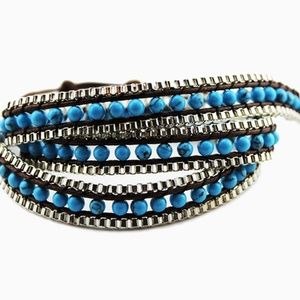 Blue Turquoise 3 Wrap Metal Trim Bracelet NWT